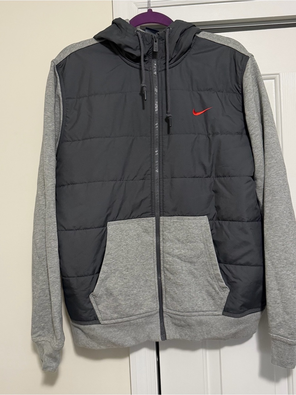 Nike Gray Hooded Quilted/Jersey Full Zip Jacket Size Large